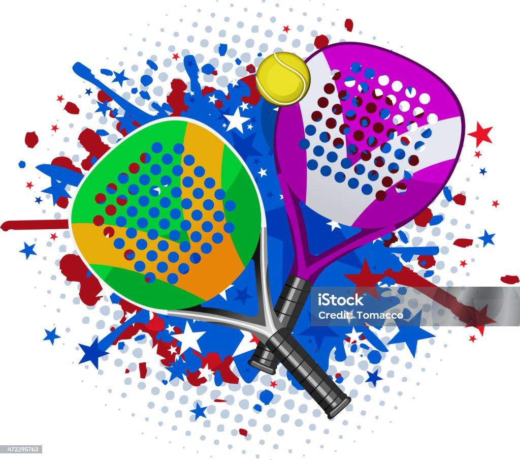 Paleta coinciden con raquetas y pelotas de rojo y azul con salpicaduras - arte vectorial de Pádel libre de derechos