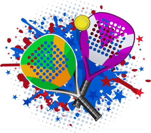 Paddle Match Rackets and Ball Set With red blue splash Paddle Match Rackets and Ball Set With red blue splash vector illustration. paddle ball stock illustrations