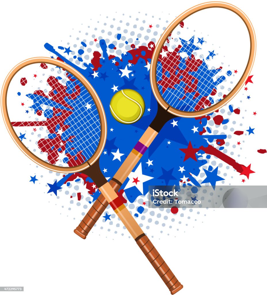 Ретро теннисные ракетки с мячом и красный и синий всплеск - Векторная графика Американская культура роялти-фри