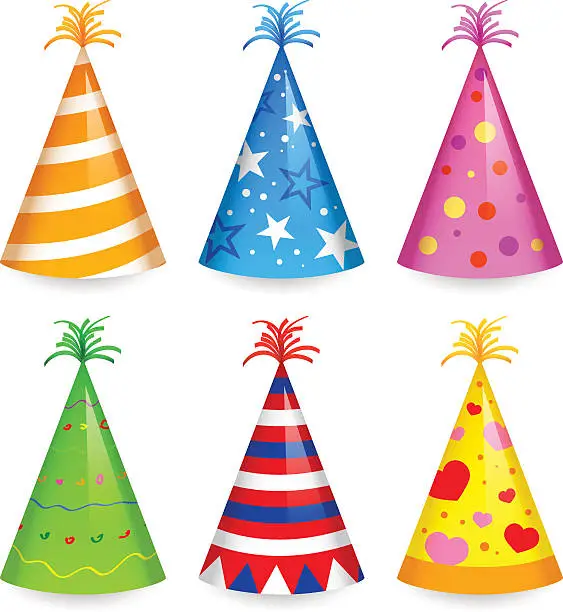 Vector illustration of Cartoon of six differently colored party hats