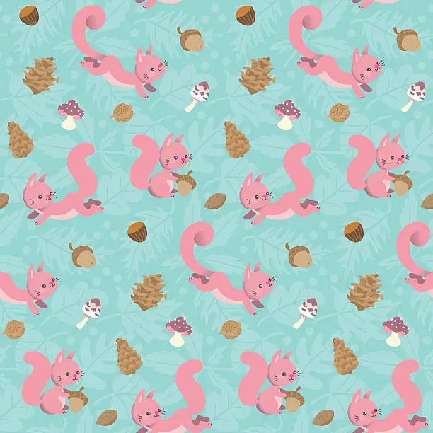 Vector illustration of Cute kawaii pink squirrel pattern teal