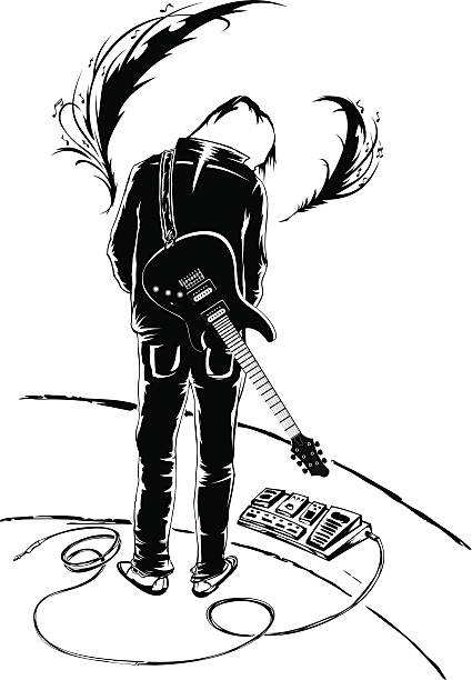 Guitarist Guitarist on stage preparing for the show. notes on guitar neck stock illustrations