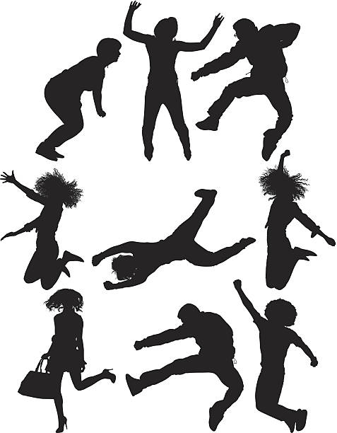 Multiple silhouettes of people jumping Multiple silhouettes of people jumpinghttp://www.twodozendesign.info/i/1.png standing on one leg not exercising stock illustrations