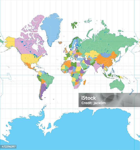 Colore Mappa Di Mercatore - Immagini vettoriali stock e altre immagini di Planisfero - Planisfero, Antartide, Carta geografica