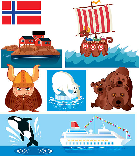 노르웨이 기호들 - map viking viking ship norway stock illustrations