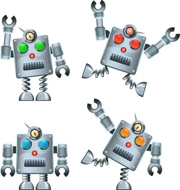 Vector illustration of Retro Silver Robot Set