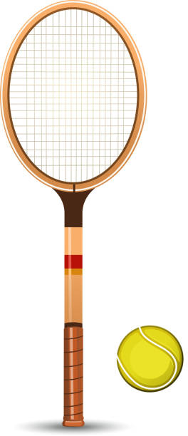 ilustrações, clipart, desenhos animados e ícones de string raquete de tênis retrô com tennisball posição vertical - racket string