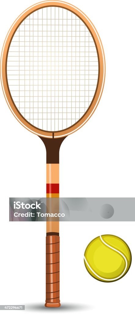 Ретро Теннисная ракетка на завязках и tennisball стоять вертикально - Векторная графика Американская культура роялти-фри