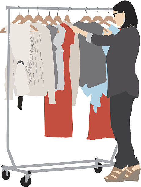 illustrazioni stock, clip art, cartoni animati e icone di tendenza di donna ricerca il suo guardaroba - clothes rack