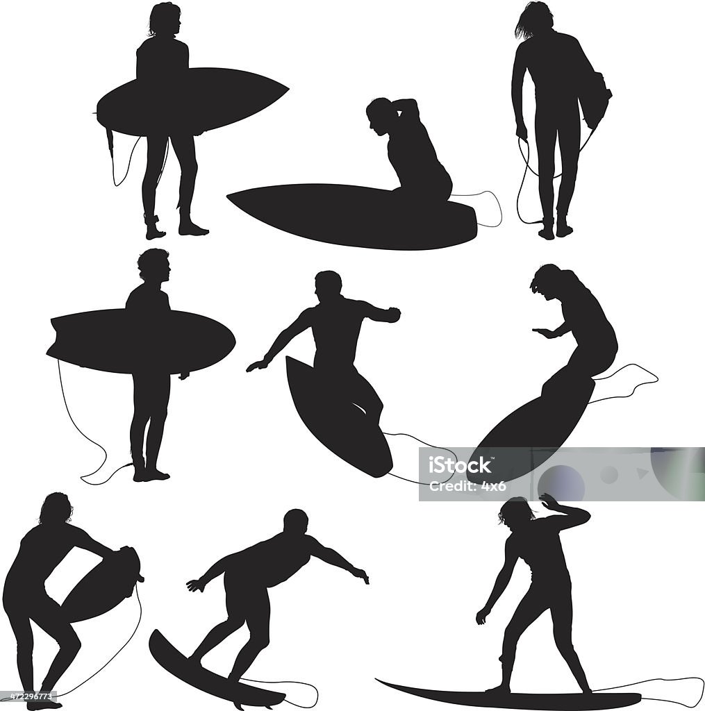 Plusieurs images de surfers surf - clipart vectoriel de Silhouette - Contre-jour libre de droits