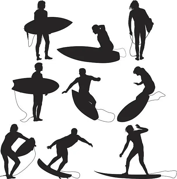Vector illustration of Multiple images of surfers surfing