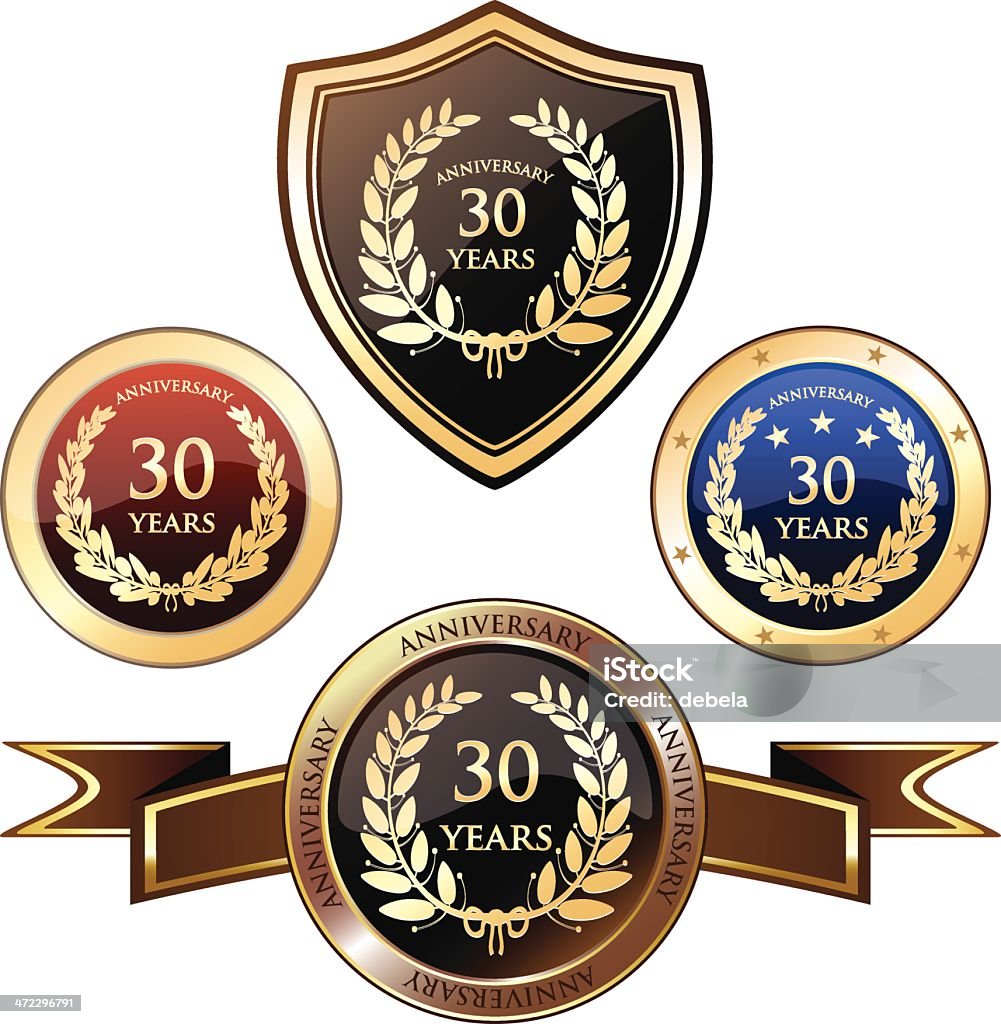 Thirty Years Anniversary Badges Thirty years anniversary badges set. 30-34 Years stock vector