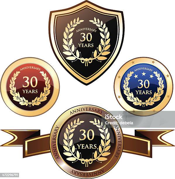 Thirty Years Anniversary Badges Stock Illustration - Download Image Now - 30-34 Years, Celebration, Gold - Metal