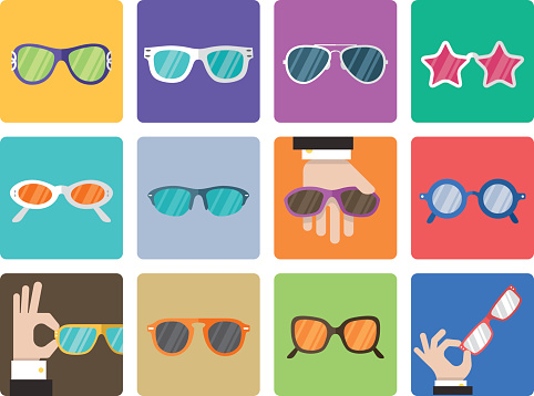 Icon Set, multiple colors Sunglasses on white background, made in adobe Illustrator (vector)