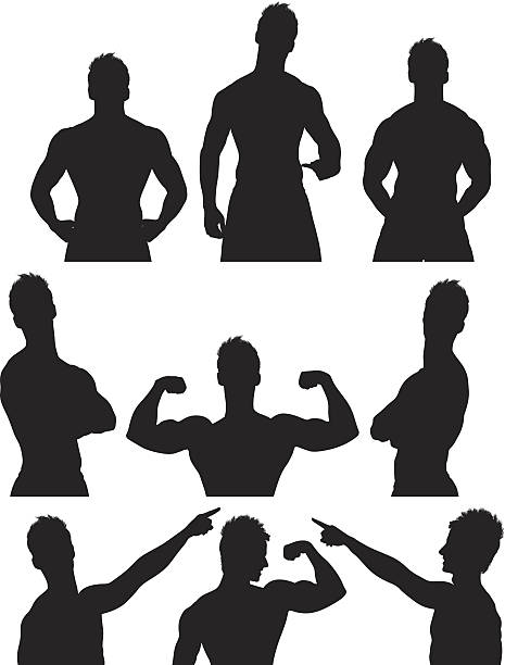 wielu sylwetki z mięśni mężczyzna upozowując - muscular build white background men shirtless stock illustrations