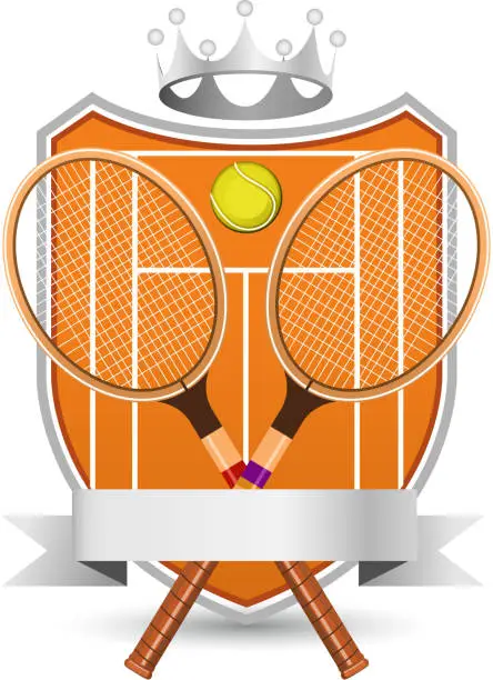 Vector illustration of Sport Tennis Field with racket and ball silver crowned Emblem