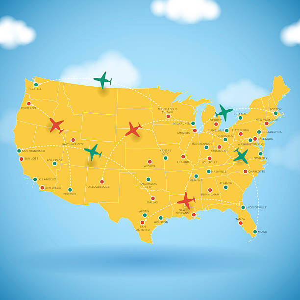 ilustrações de stock, clip art, desenhos animados e ícones de eua mapa de viagens - air vehicle airplane commercial airplane private airplane