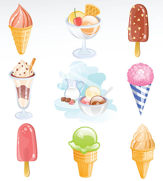 Colorful icons for many types of icecream Ice cream icon set including; ice cream cone, ice cream cup in glass with waffle and cherry, chocolate and hazelnut covered ice cream, fancy cup with cream and chocolate chips, ice cream ingredients (milk, chocolate and strawberry), snow cone, fruit popsicle,  classical ice cream in cone and gelato. AI 10 EPS file containing some transparency. AI CS6 version is also available. snow cone stock illustrations