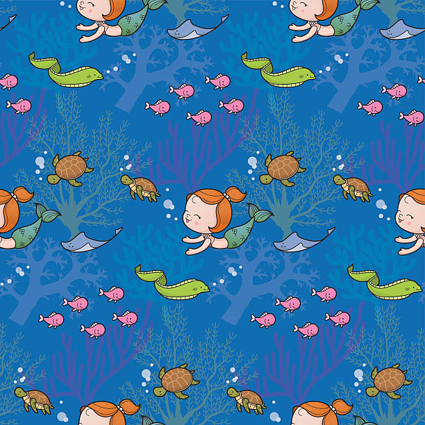 Cute sea mermaid pattern blue vector art illustration