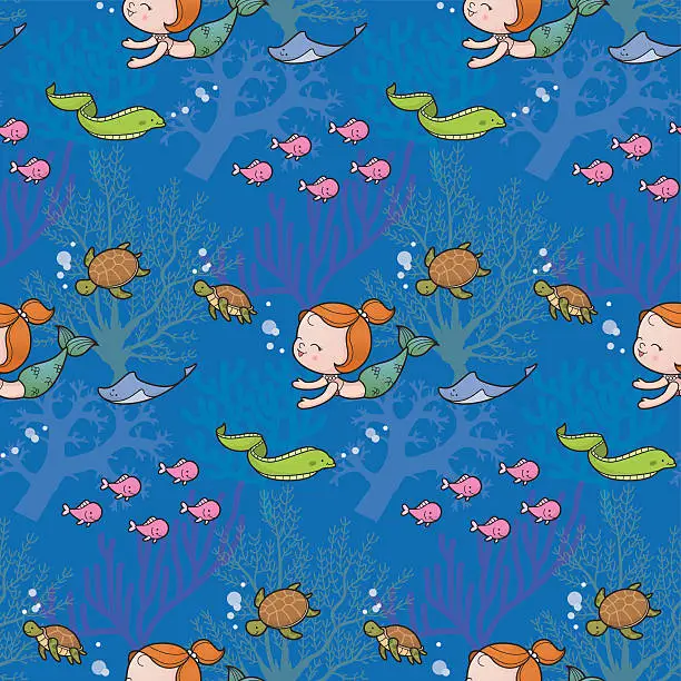Vector illustration of Cute sea mermaid pattern blue