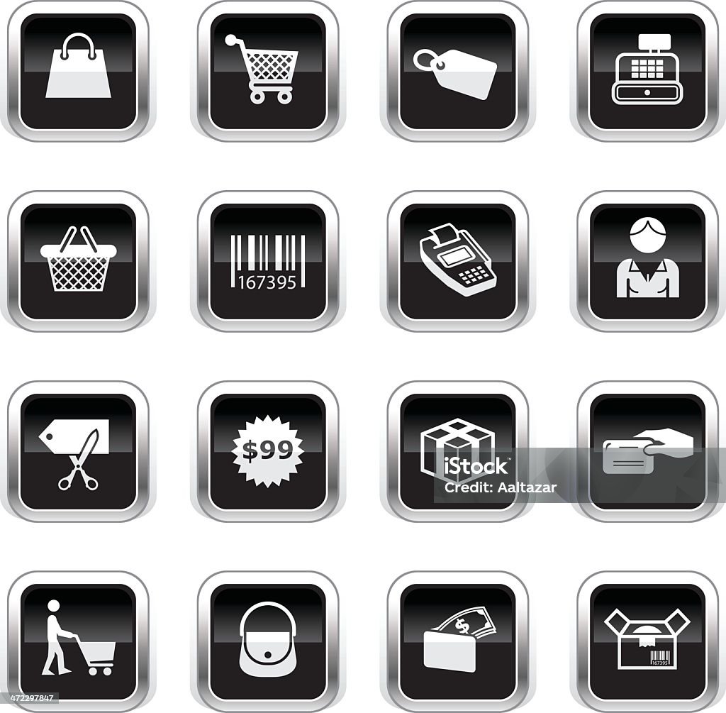 Supergloss negro iconos de compras - arte vectorial de Bolsa de la compra libre de derechos