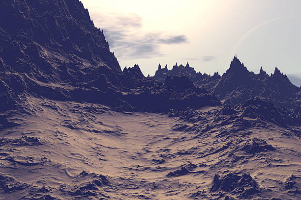 istock 3D rendered fantasy alien planet. Rocks and sky 472297862