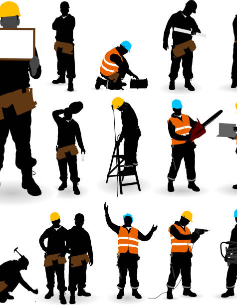 ilustrações, clipart, desenhos animados e ícones de trabalhador de construção. - maintenance engineer work tool hammer instrument of measurement