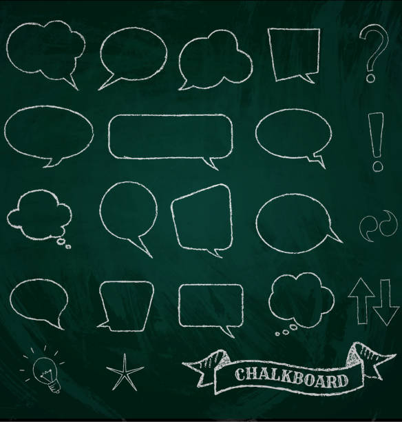 Different kinds of speech bubbled drawn on a blackboard Speech Bubble on Chalkboard. chalk drawing stock illustrations