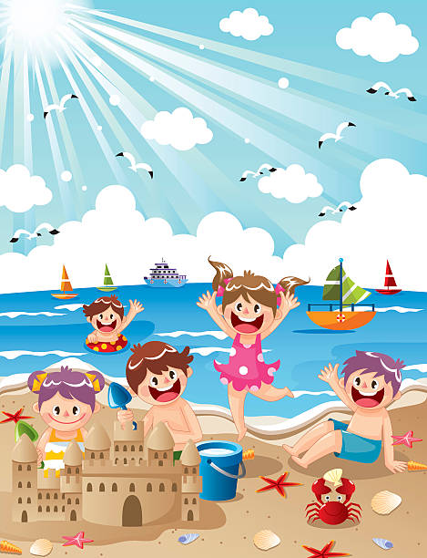 ilustrações, clipart, desenhos animados e ícones de crianças na praia - child student seagull sailboat