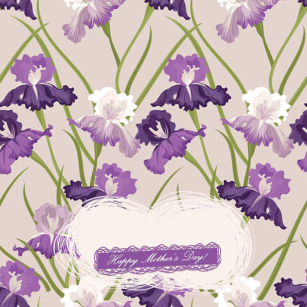 Happy Mother's Day! (Greeting Card) Purple Irises background with "Happy Mother's Day!" text message. Vector. EPS 8.  blue iris stock illustrations