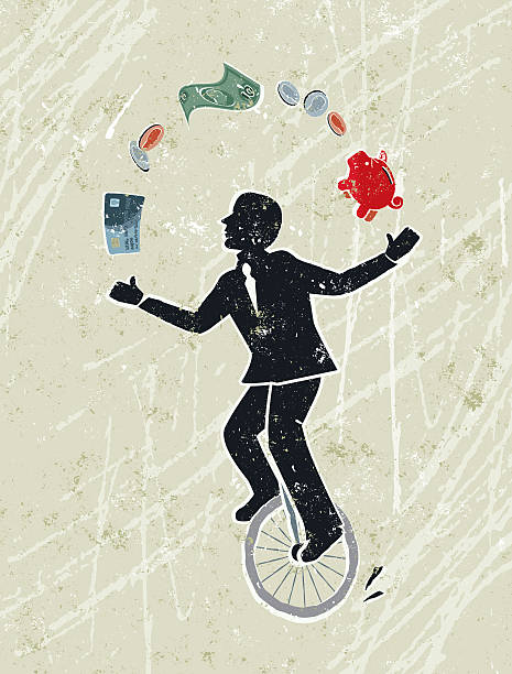 illustrazioni stock, clip art, cartoni animati e icone di tendenza di business uomo fare il giocoliere soldi icone mentre guida su un monociclo - unicycle cycling balance businessman