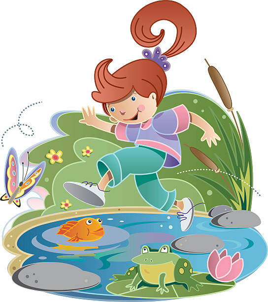pond jump - frog jumping pond water lily stock-grafiken, -clipart, -cartoons und -symbole