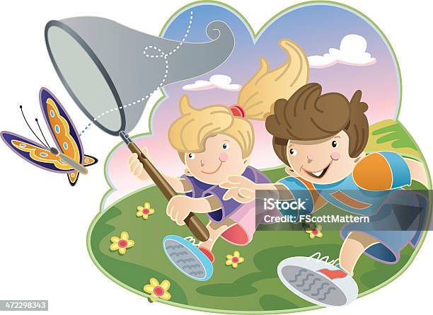 Butterfly Chase Stock Illustration - Download Image Now - Child, Outdoor Pursuit, Active Lifestyle