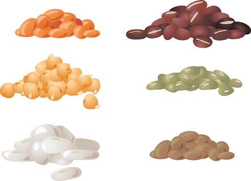 Collection of legumes : Red lentils, Adzuki beans, Chick peas ( garbanzo beans), mung beans, butter beans and brown lentils.