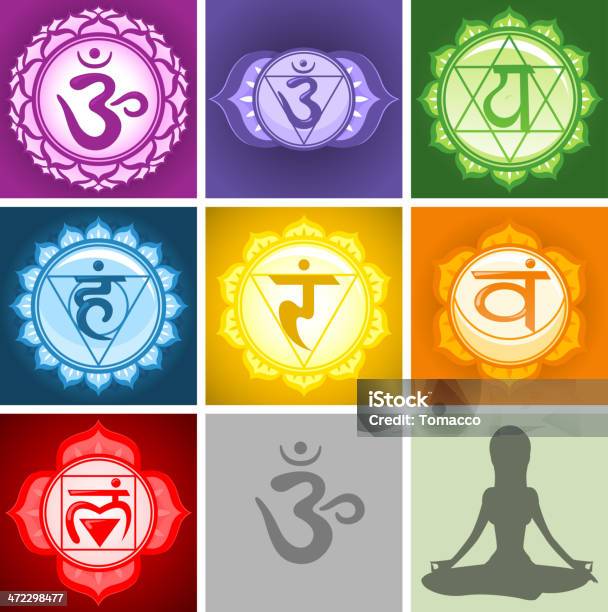 Ilustración de Los Siete Chakras Y Sala De Estar Lotus Posición Silueta Gris y más Vectores Libres de Derechos de Chakra