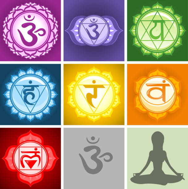 ilustrações, clipart, desenhos animados e ícones de os sete chakras e silhueta cinza estar posição de lótus - om symbol lotus hinduism symbol