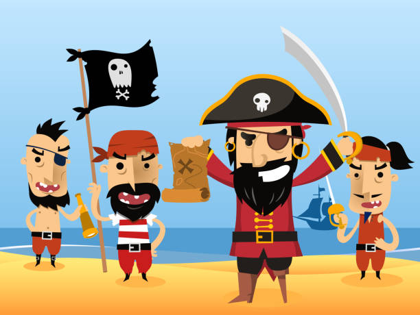 Pirate Characters with flag sword eye patch skull Pirate Characters with flag sword eye patch skull vector illustration. boat captain illustrations stock illustrations