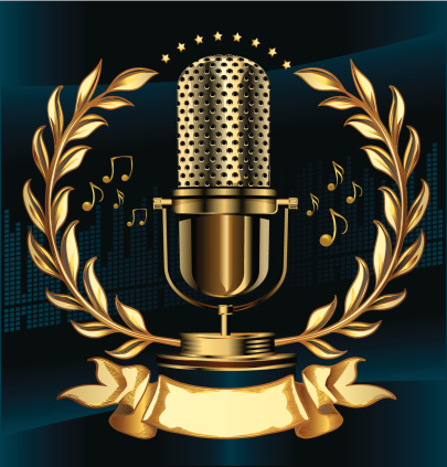 microphone emblem - trendy music design, layered vector artwork