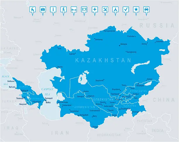 Vector illustration of Map of Caucasus and Central Asia - states, cities,  icons