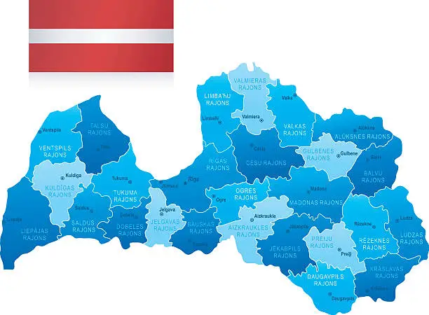 Vector illustration of Map of Latvia - states, cities and flag