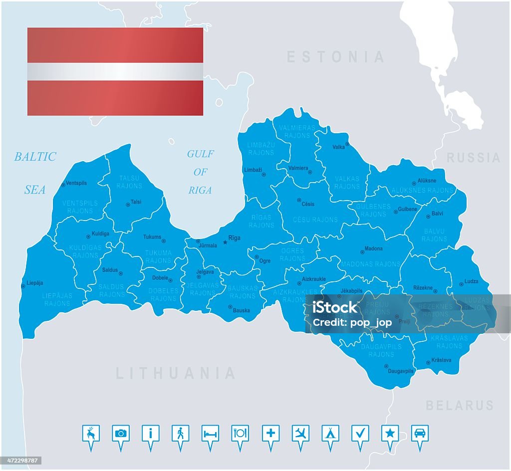 Carte de la Lettonie-membres, villes, drapeau, icônes de navigation - clipart vectoriel de Biélorussie libre de droits