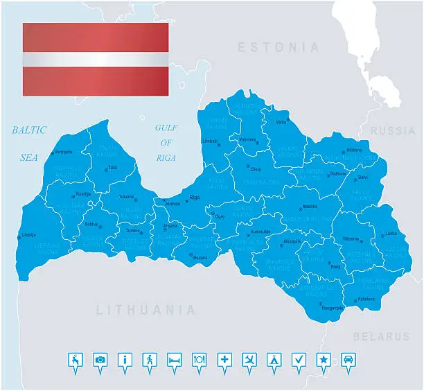 Vector illustration of Map of Latvia - states, cities, flag, navigation icons