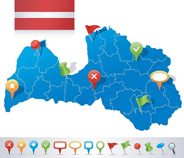Vector illustration of Map of Latvia with navigation icons