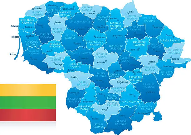 Vector illustration of Map of Lithuania - states, cities and flag