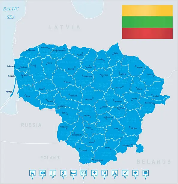 Vector illustration of Map of Lithuania - states, cities, flag, navigation icons