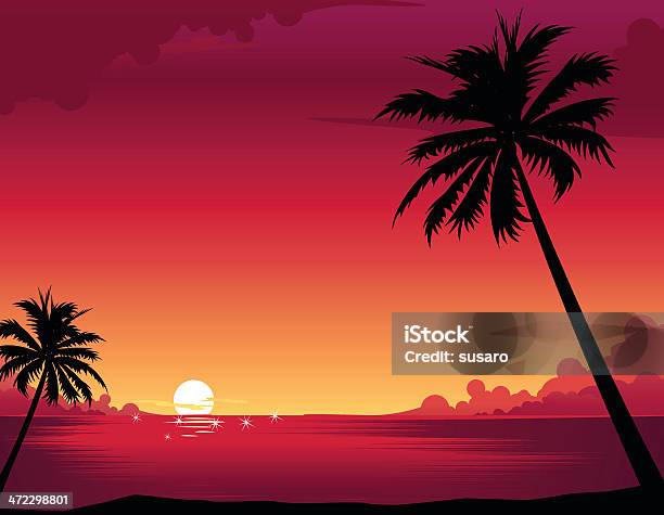 Ilustración de Atardecer En La Playa y más Vectores Libres de Derechos de Playa - Playa, Puesta de sol, Vector