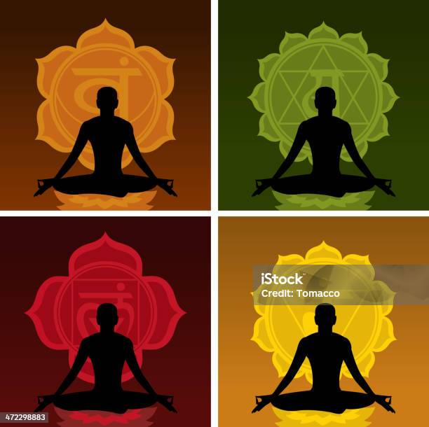 Lótus Meditar Postura Posição Com Chakras Símbolo - Arte vetorial de stock e mais imagens de Acordo - Acordo, Amor, Aura