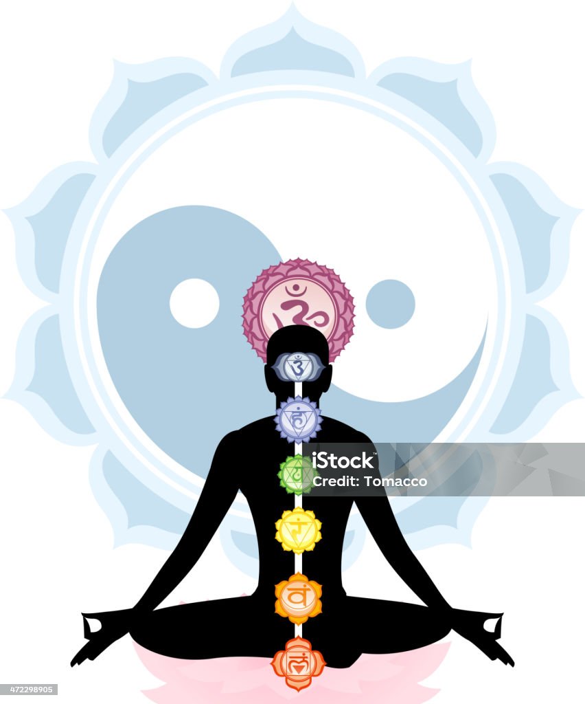 Meditación Meditando Yoga Asana postura con símbolo de Ying Yang de Mandala - arte vectorial de Actividades y técnicas de relajación libre de derechos