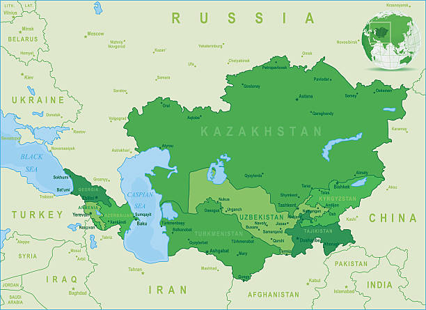 grüne karte der kaukasus und zentralasien-staaten, städte - kasachstan stock-grafiken, -clipart, -cartoons und -symbole
