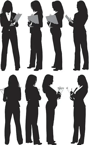 Vector illustration of Multiple silhouettes of businesswoman with clipboard